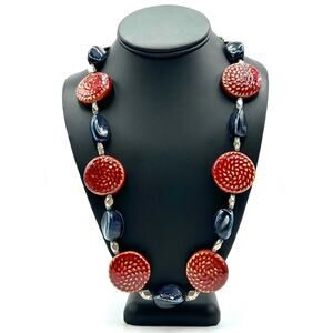VTG Ceramic Fired Bead Necklace Red Blue Round Disc Nautical Silver Tone 24"